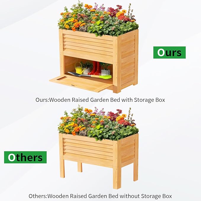 SUNYRISY Wooden Raised Garden Bed with Storage Box, 34" L x 18" W x 30" H Elevated Large Planter Box for Planting Herb Vegetable Flower Outdoor Indoor, Wood