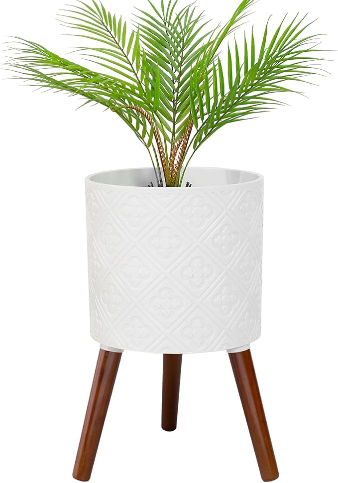 12 Inch Planter with Stand, Planter for Indoor Plants, Modern Large Flower Planter Pot with Drainage Holes for Outdoor,Matte White