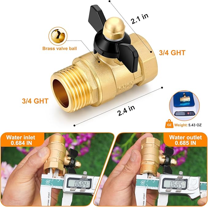 Full Flow Garden Hose Shutoff Valve, Heavy Duty Brass Shutoff Valve Hose Connector, Outdoor 3/4 Inch GHT Tube End Fitting Switch （3/4"GHT valve Butterfly Handle）