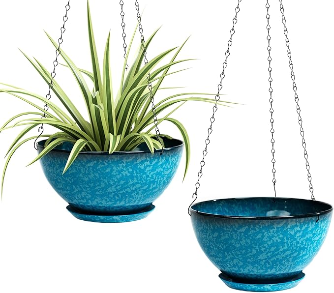 2 Pack 10 inch Hanging Planters, Plastic Hanging Plant Pots with Drainage Hole and Chain, Hanging Flower Pots for Outdoor Indoor Plants (Snowflake Blue)