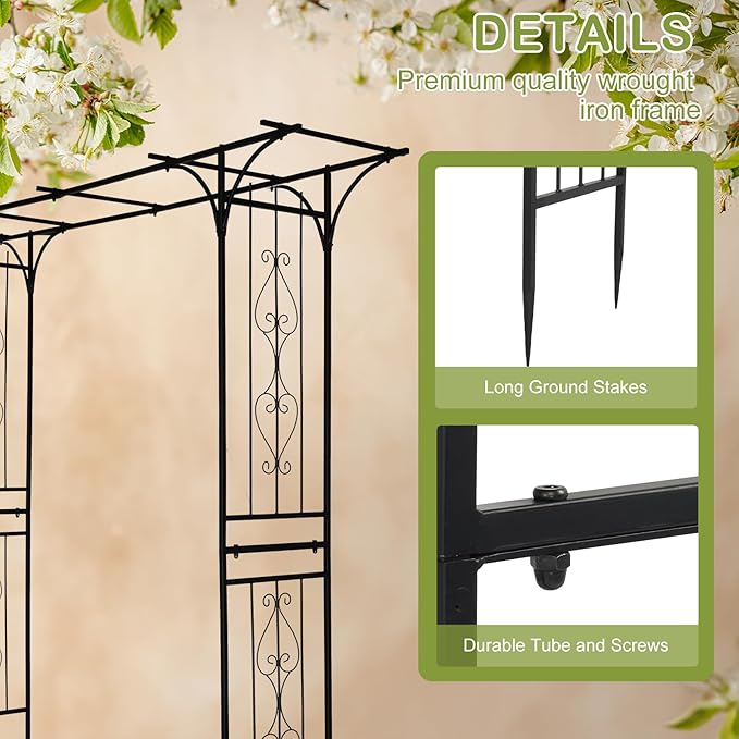 Outvita 7Ft Garden Arch Arbor, Steel Frame Stand Trellis, Arbour Archway for Wedding Ceremony Decoration Plant Climbing Rose Vines Lawn Courtyard Patio Black