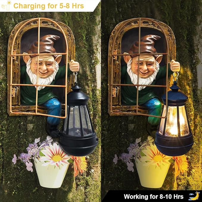 Gnomes Statue with Solar Lights Christmas Decorations Whimsical Fairy Garden-Elf Outdoor Tree Hugger Garden Statues- Tree Face Sculpture, Yard Art for Patio,Fence,Lawn,Wall Gnomes Ornament
