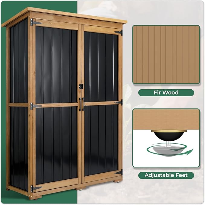 Outdoor Storage Shed with Adjustable Shelf, Wood & Metal Storage Cabinet Waterproof with Lockable Doors & Sloping Roof,Vertical Garden Shed for Patio Backyard, Tool Shed and Accessories, Brown