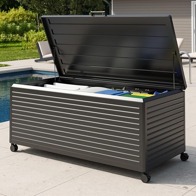 MIRADOR 281 Gallon Outdoor Storage Box Waterproof, Metal Deck Box with wheels for Patio Furniture, Garden Tools, Outdoor Cushion, Charcoal