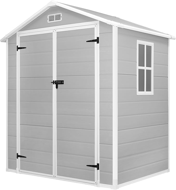 HUGROVE 6×4 Outdoor Storage Shed with Floor, Waterproof & UV-Resistant Resin Garden Shed for Backyard, Plastic Tool Shed with Lockable Double Doors, Air Vents & Side Window (Gray)