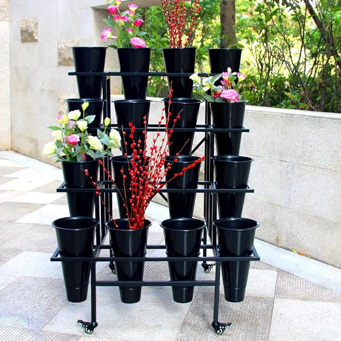 Zhongma 4 Tier Metal Flower Display Stand with 16pcs Plastic Buckets for Fresh Flowers Heavy Duty Garden Cart Moving Flower Bucket Stand with Wheels