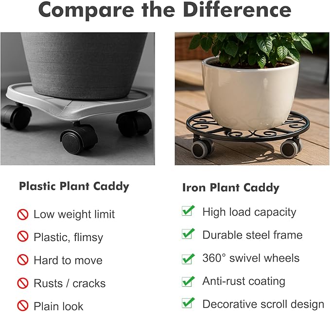 3 Pack Plant Caddy with Wheels Heavy Duty 11.8 Inches Metal Plant Stand with Wheels Plant Dolly Rolling Plant Stand Plant Roller with Casters for Indoor and Outdoor (3, Black)