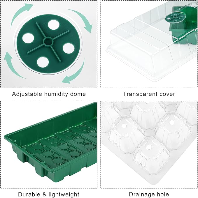 Elcoho 6 Pack Seed Starter Tray Kit 40 Cells Seedling Trays with Humidity Dome and Base Mini Propagator Plant Nursery Pots Total 240 Cells for Greenhouse Plants Growing, Green