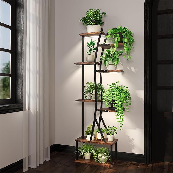ROOMTEC Plant Stand Indoor with Grow Lights, Indoor Plant Stand with Curved Corner, 8 Tiered Plant Shelf Indoor, Tall Plant Stands Indoor for Living Room, Patio, Balcony Decor