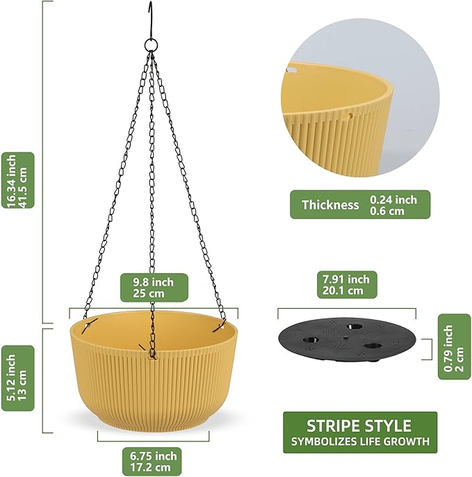 Dexceder 9.8 Inch Self Watering Hanging Planters Indoor Outdoor, Thickened Hanging Basket Flower Plant Pot (2 Pack, Yellow)