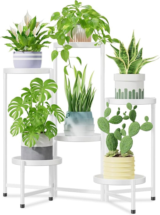 iDavosic.ly 6 Tier Large Plant Stand Indoor with 10 Inch Wide Tray, Tiered Corner Metal Outdoor Flower Display Holder Shelf, Folding Tall Rack for Patio Porch Living Room, White
