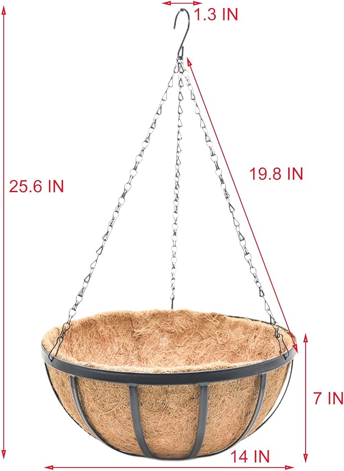 14 Inch Metal Hanging Planter Basket with Coconut Fiber Liner Hanging Plant Flower Pot for Home Garden Patio Decoration,Metal Flat Iron Pattern, 4 Pack