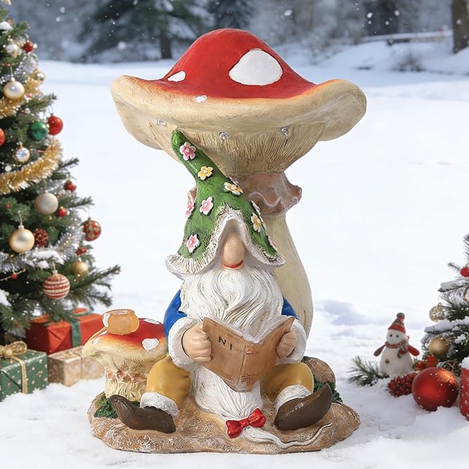 Christmas Gnomes Outdoor Statue Gnome Reading Under Mushroom with 5 LED Solar Figurine for Lawn,Patio,Balcony,Yard Decor Unique for Grandfather, Father,Grandma,Wen
