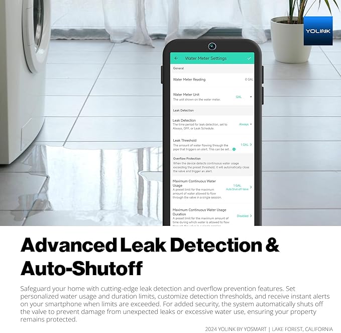 NSF Certified YoLink FlowSmart All-in-One Smart Water Meter & Auto Shutoff for 1.25" Pipes, LoRa Long-Range, Real-Time Leak Detection, 10-Year Battery, 80+ Device Ecosystem, Hub Required