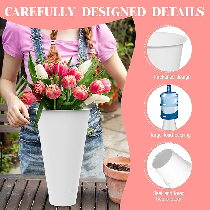 Flower Display Stand with Buckets, 3-Layers 12 PCS Buckets Plant Stand with Wheels, Movable Metal Plant Stand for Terrace Garden, Living Room, Florist Shop (White Frame - White Buckets, 3-Tier)