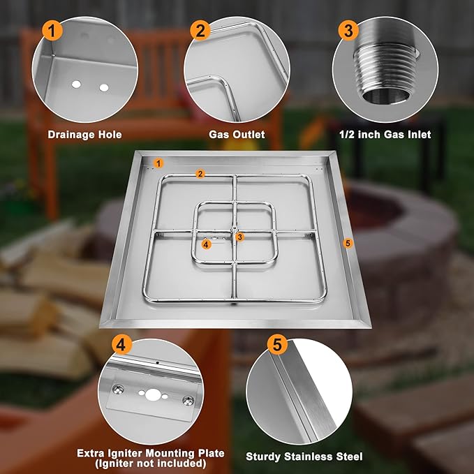 Onlyfire Stainless Steel Square Fire Pit Burner with Pan, 36 Inch DIY Outdoor Propane Firepit Fireplace for Backyard