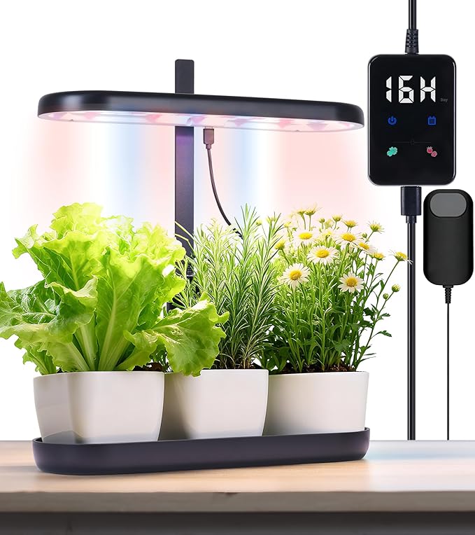 Grow Lights for Indoor Plants, 20W Full Spectrum LED Grow Lamp for Indoor Garden with Intelligent Controller, Height Adjustable, Ideal for Home Desk Plant Lighting (Black, ABS Base)