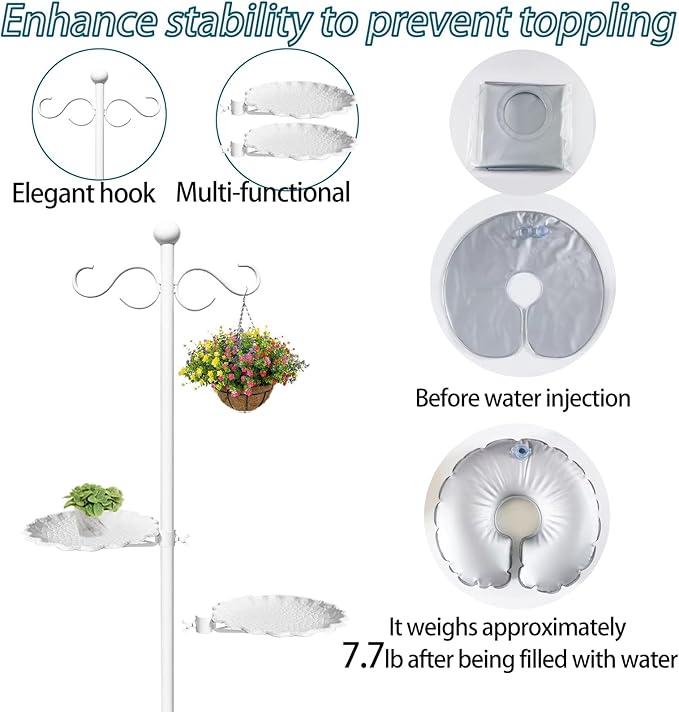 Upgraded 74" Shepherd's Hook for Bird Feeder，Floor Hanging Plant，White Wind Chime Stand, Waterproof Metal & Adjustable-Height Standing Pole Holder for Wreath, Indoor & Outdoor（2 Placement Racks)