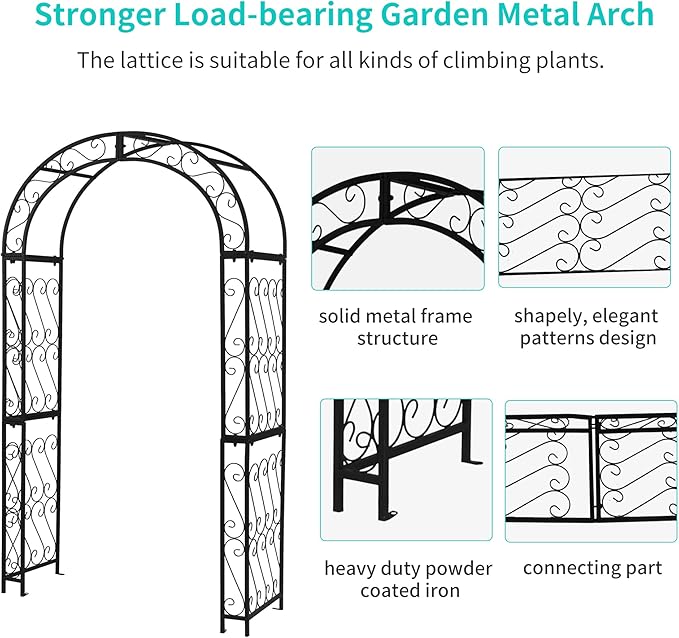 48.8" W x 83.8" H Garden Arch, Black Sturdy Metal Iron Arbor, Courtyard Cast Trellis for Various Climbing Plant, Outdoor European-Style Archway Wedding Ceremony Party