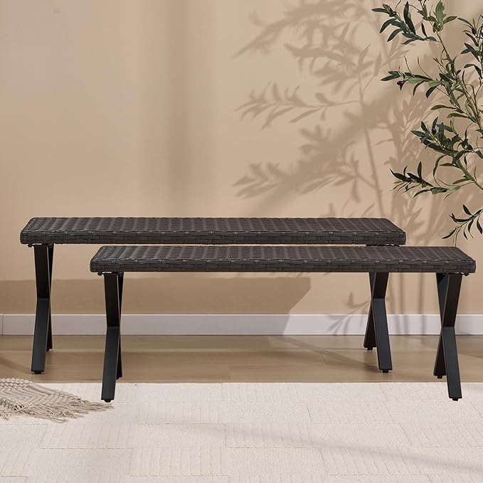 46" Patio Rattan Backless Bench Set of 2, All-Weather Outdoor Bench for Garden Backyard, Porch, or Lawn