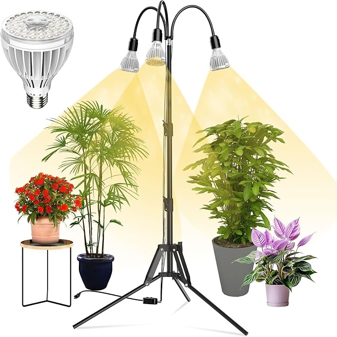 SANSI Grow Lights for Indoor Plants, 96W Full Spectrum Grow Light, No Dimmable 35-64 inches Detachable Tripod Standing Grow Lights, High PPFD 3 Pack of Par25 32W Bulb Plant Lights for Indoor Growing