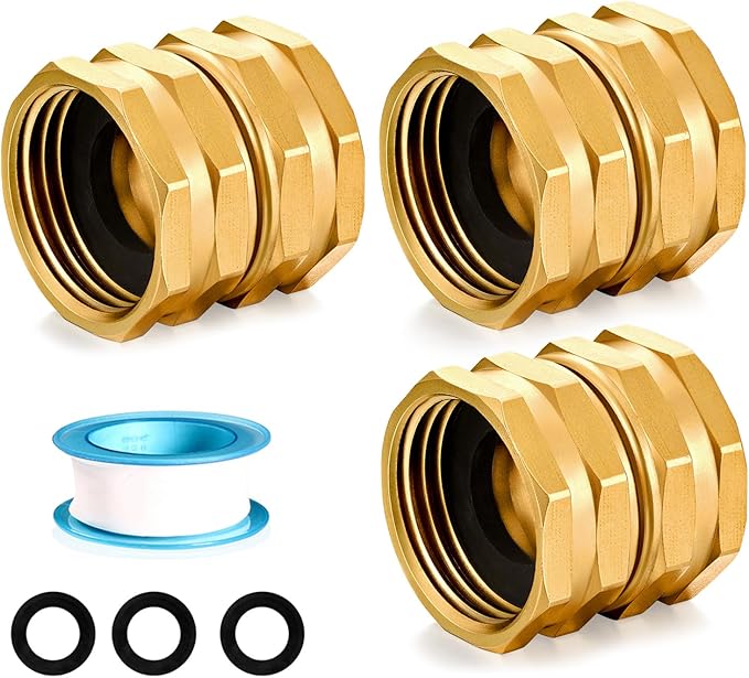 Garden Hose Female to Female Hose Adapter, 3/4 Inch Brass GHT Double Female Connector Swivel (3 PCS)