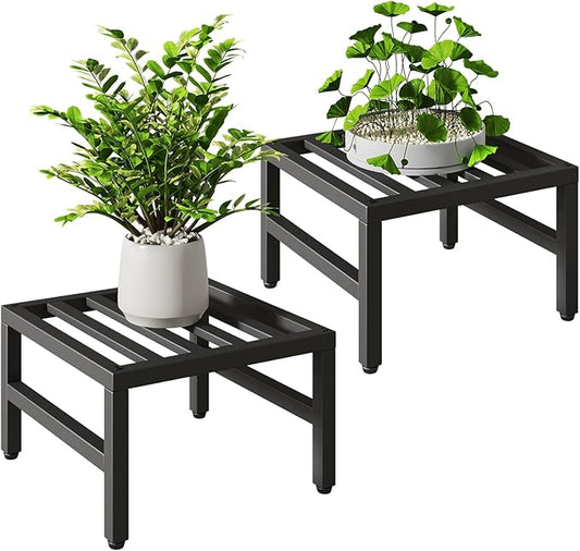 IBUYKE 2 Pack Metal Plant Stand Indoor Outdoor, Heavy Duty Small Flower Pot Stand, Modern Square Plant Shelf Flower Stand for Living Room Patio Balcony Garden, Black TMJ075B-2