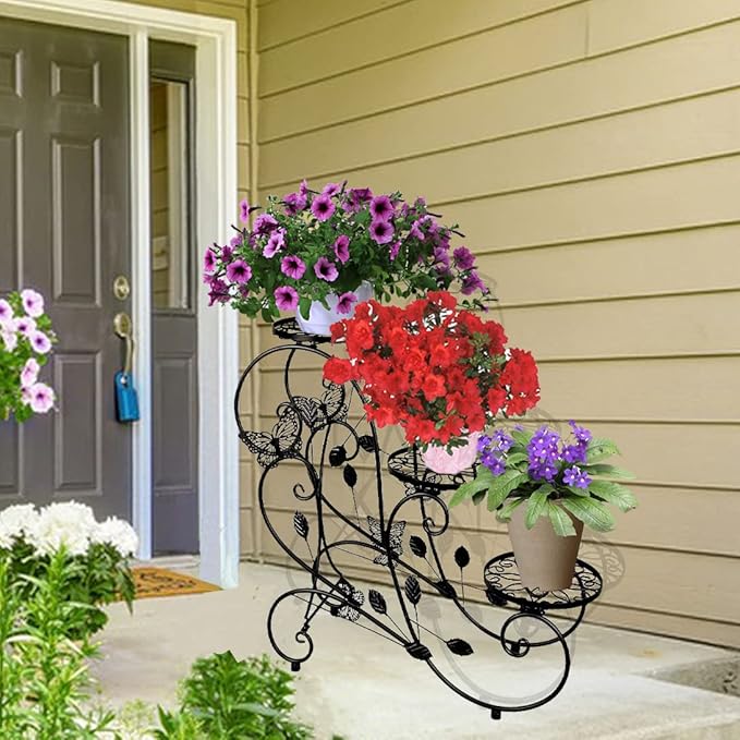 HLC Metal Plant Stand 3 Tier Flower Pot Holder Indoor Outdoor Plant Display Shelf Rack for Garden, Balcony, Patio, Corner, Living Room, Black