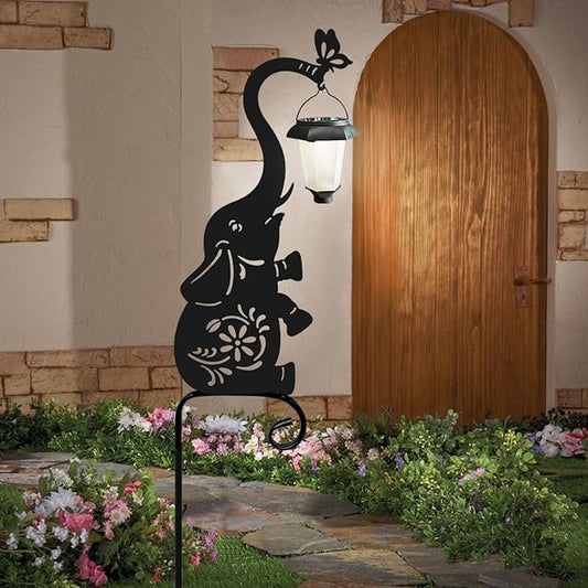 Metal Elephant with Solar Lantern Garden Stake,Garden Lights Solar Powered, Outdoor Decorations for Yard (Black Elephant)