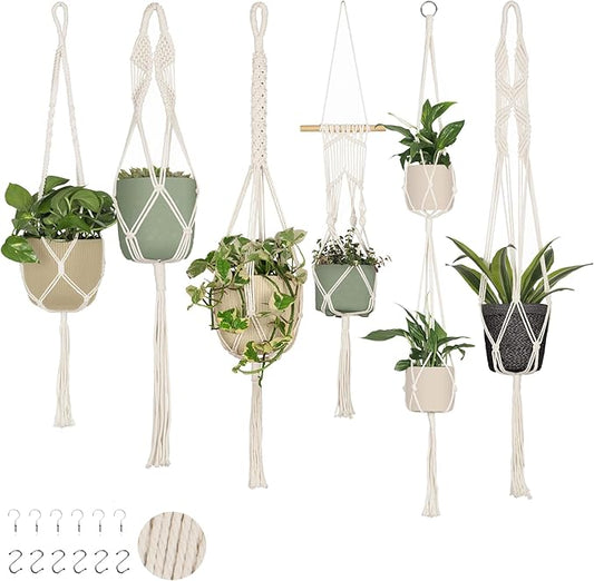 Nook Theory 6-Pack Macrame Plant Hangers with 12 Hooks - Hanging Planters for Indoor Plants, Boho Macrame Hangers Indoor Outdoor, Decorative Plant Hanger Indoor (Cream)