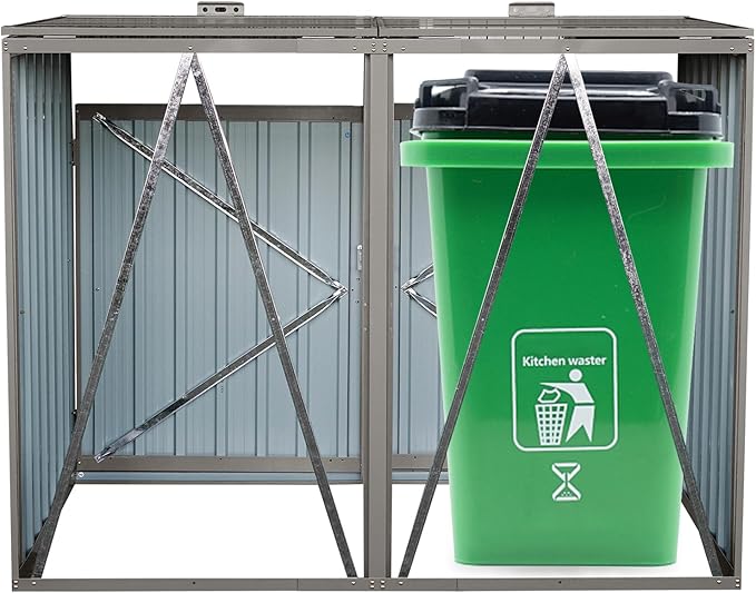 Garbage Bin Storage Shed for 2 Trash Cans Outdoor Metal Enclosure Charcoal Galvanized Steel Garbage Can Holder Hide Utility Bin Shelter Garden Yard