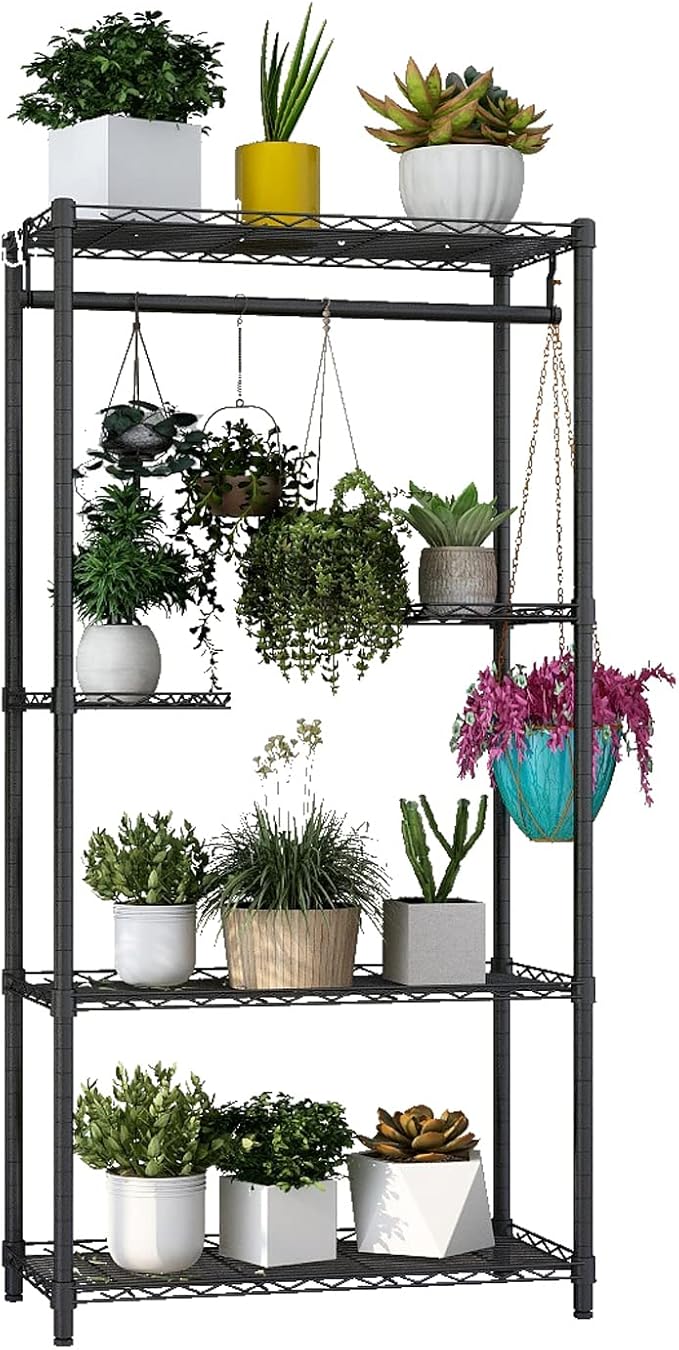 Xiofio Plant Stand for Indoor Outdoor,Metal Plant Stands,Adjustable Plant Shelves with Hanging Rod for Bedroom Living Room Balcony Garden,Black