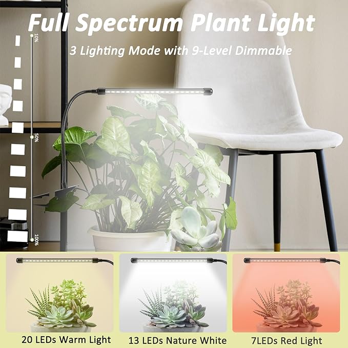 Clip On Grow Light for Indoor Plants,Full Spectrum Led Plant Grow Lights with Auto-Timer, Plant Growing Lamp for Seed Starting,Houseplants, Bonsai, Pot Plant (1-Lamp)