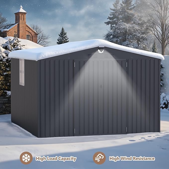 10x12 FT Outdoor Storage Shed, Metal Sheds & Outdoor Storage, Waterproof Sheds with Lockable Doors for Backyard