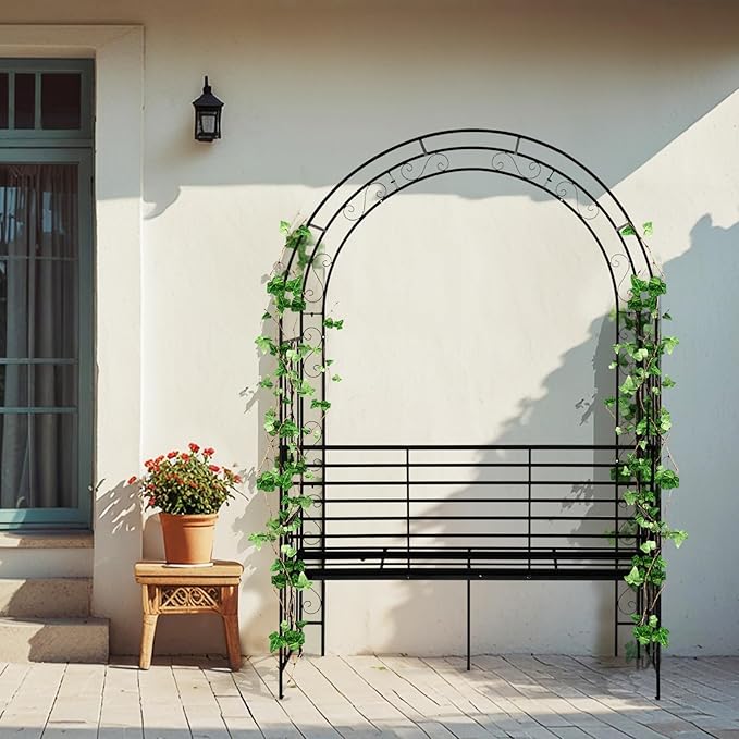 Outvita 7FT Garden Arch Arbor with Seating, Heavy Duty Metal Arbour Archway, Decorative Frame Stand Trellis for Wedding Ceremony Party Plant Climbing Rose Vines Lawn
