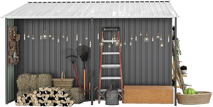 10x12 FT Outdoor Storage Shed,Extra Large Metal Garden Tool Shed with Lockable Doors,Windows & Air Vents,Dual-Zone Design Outside Steel Tiny House for Backyard, Patio Lawn,Dark Gray