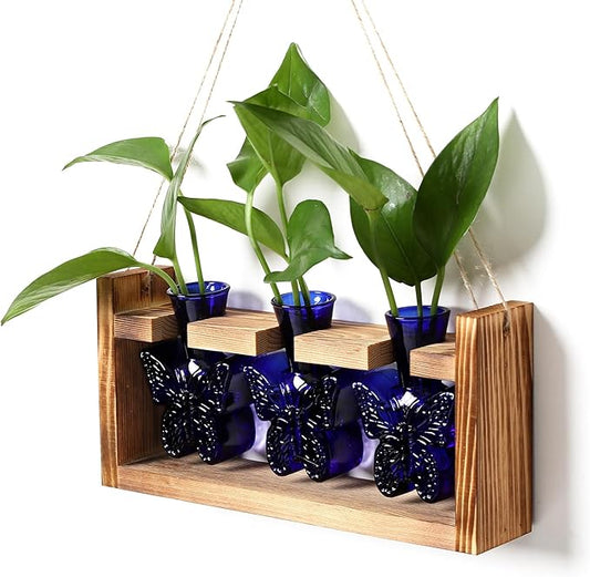 Glass Plant Propagation Station Butterfly Planter Vase with Wooden Stand Birthday Gifts for Women Mom Plant Lovers Office Home Decoration