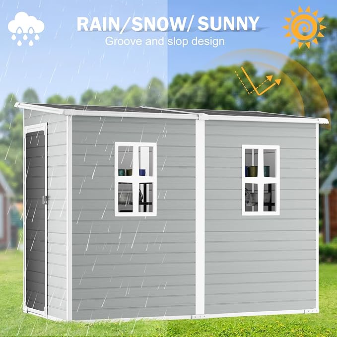 CDCASA 4x8 FT Resin Lean to Shed, Waterproof Outdoor Storage Shed with Floor & Lockable Door & Window, Outside Plastic Tool Shed for Backyard, Patio, Poolside, Lawn, Grey