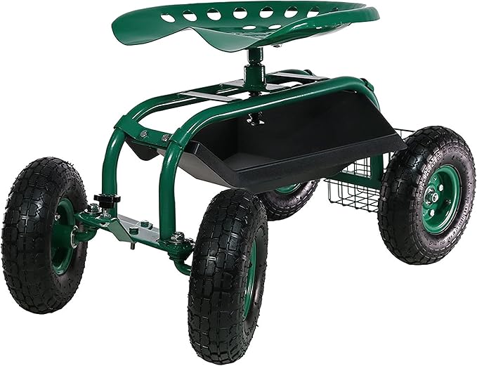 Sunnydaze Rolling Garden Cart with Seat - Garden Stool with Wheels and Adjustable 360-Degree Swivel Seat - Utility Tool Tray and Storage Basket - Green