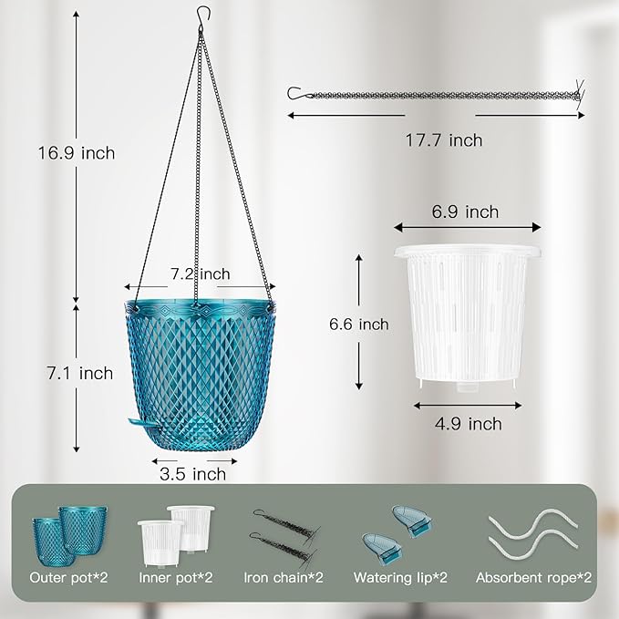 QCQHDU Self Watering Hanging Pots, 2 Pack 7.2 Inch Hanging Planters for Plants Indoor, Outdoor Flower Pots with Drainage Holes and 3 Hooks Chains for Garden Home (Klein Blue)