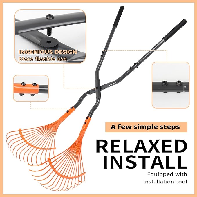Garden Rake, Black Orange Plastic Fan Design, Heavy Duty Lawn Leaf Collection Tool