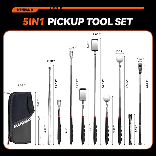 Telescoping Magnetic Pickup Tool Set with Portable Bag, Extendable Flashlight with 360° Inspection Mirror, Christmas Stocking Stuffers for Men Adults, Gifts for Men Mechanics, Handymen, Grey