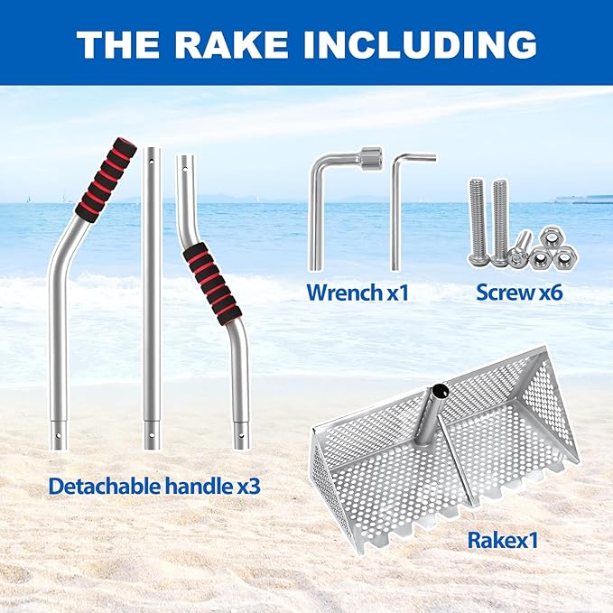 Sand Sifter, 304 Stainless Steel, 16'' Basket with Sharp Teeth, 60" Ergonomic Handle | Equipped with Clam Rake, Sand Flea Sifter, Black Beach Shovel and 5L Bucket