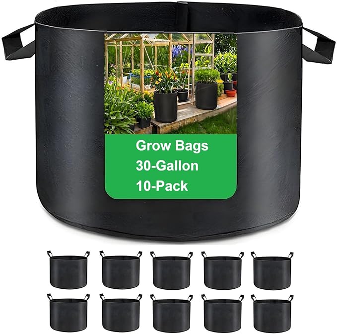30-Gallon Grow Bags, (10 Pack) Thickened Aeration Fabric Growing Pots Planters with Handles for Planting Vegetables Plants, Black
