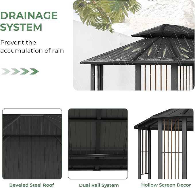 11' x 13' Octagon Hardtop Gazebo, Outdoor Octagonal Gazebo with Double Tiered Roof, Galvanized Steel Hardtop with Dual Rail & Ceiling Hook, Outdoor Canopy Shelter for Patio Garden Backyard