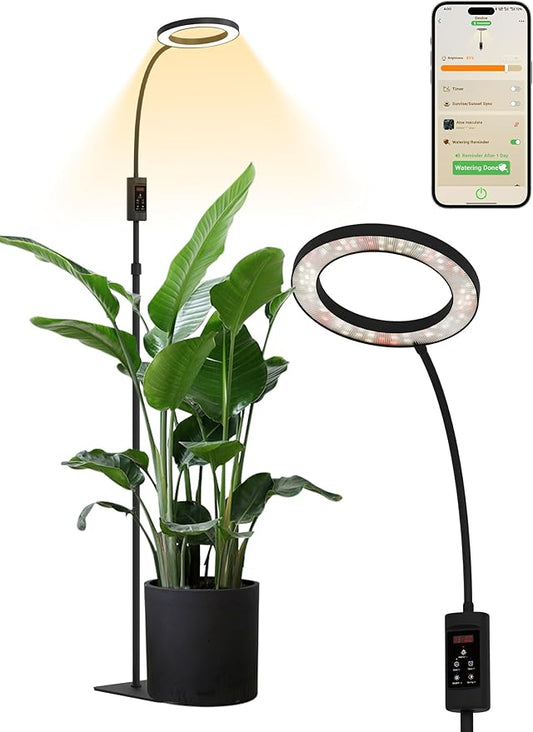 GLOWRIUM Smart Grow Lights for Indoor Plants, 24W Full Spectrum Plant Lights with Bluetooth App, Adjustable Height 47-70.9", Auto Timer, Indoor Plant Lamp for Large Tall Plants（Black 24W）