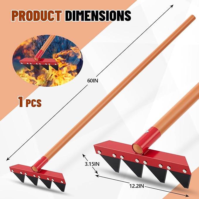 Bucherry 1 Pcs Fire Rake 60 x 12.2 x 3.15 Inches Removable Straight Handle L Fires Rake Tool Ash Wood 4 Wide Tines for Fire Fighting Building Lines Gardening Yard Soil