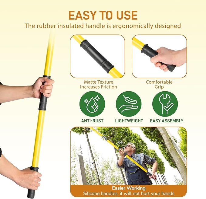 Outvita Manual Pole Saw, 24 Feet Extendable Tree Pruner with Knives and Storage Pocket, Sharp Steel Blade and Scissors High Branches Trimming for Pruning Palms and Shrubs(Yellow)