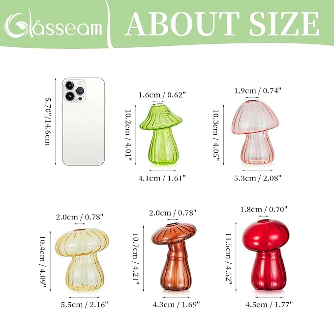 Glasseam Mushroom Plant Propagation Stations: Cute Glass Terrarium Jar Propagation Vase Set of 5 Hydroponic Planters for Home Room - Unique Colorful Mushroom Decor Gifts for Plant Lovers