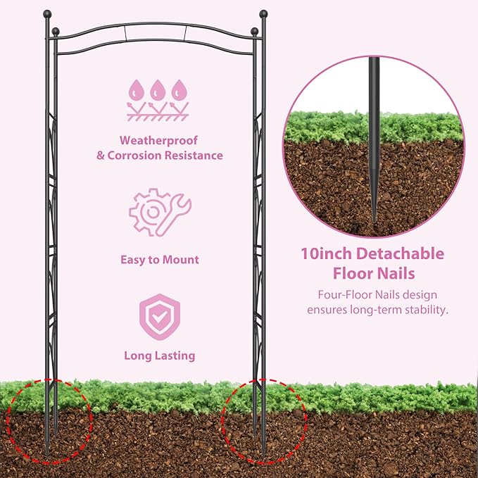 Garden Arch Trellis 7FT Wedding Arch Backdrop Stand, Metal Garden Arbor Trellis for Plant Climbing Outdoor, Plant Arch with Anchored Pile, Flower Stand Balloon Decor, Archway Pergola